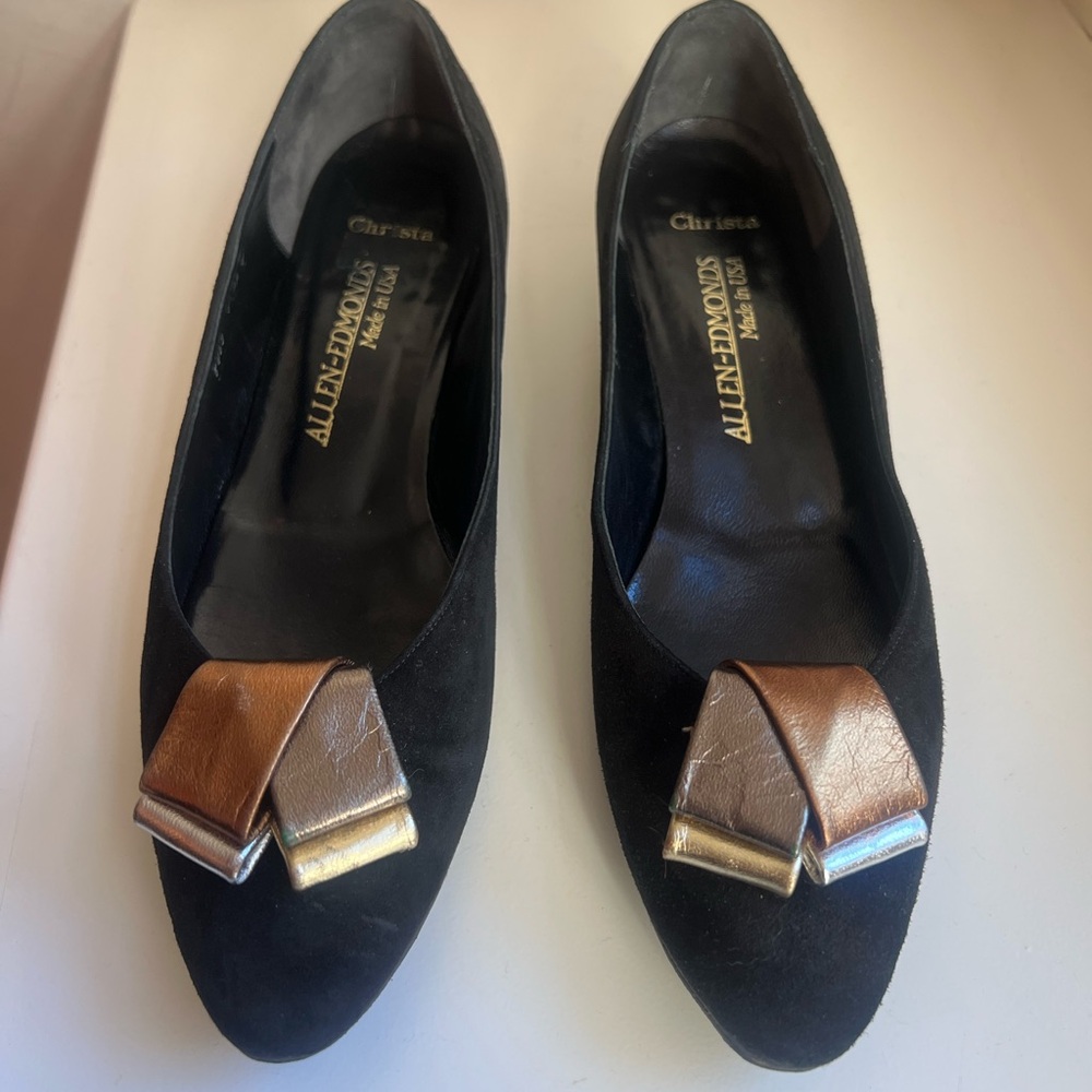 Allen Edmonds Black Suede Heels with Metallic Gold-Bronze Accent